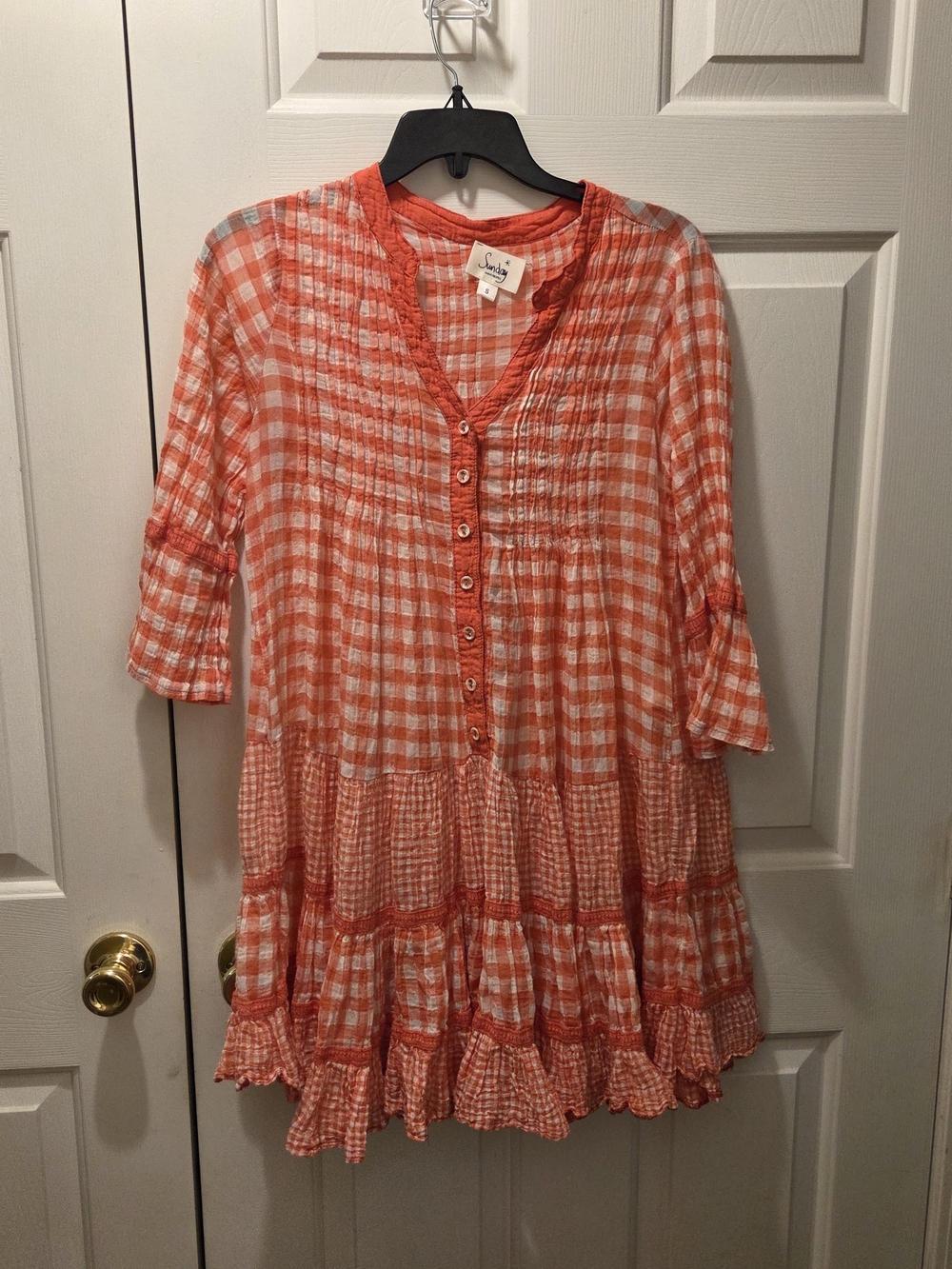 Sunsay coral & White Gingham Button Front mini dress
